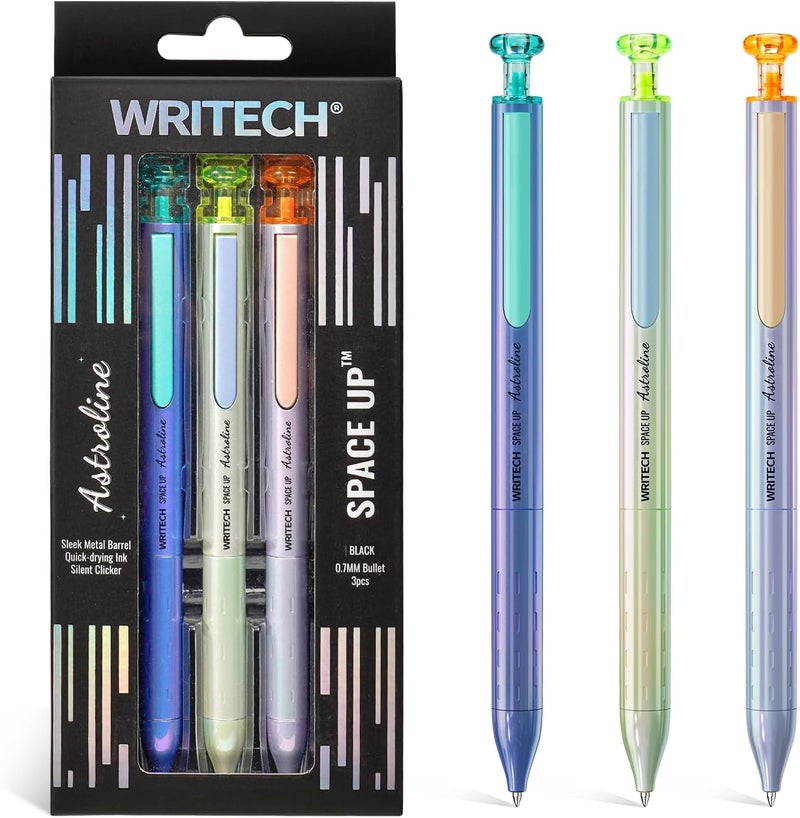 WRITECH Gel Pens Black Ink: Sleek Metal Barrel Pen Fine Point 0.7mm Retractable 3ct No Smear Quick Dry Smooth Writing Silent Clicker Space Up Astroline - Image 1